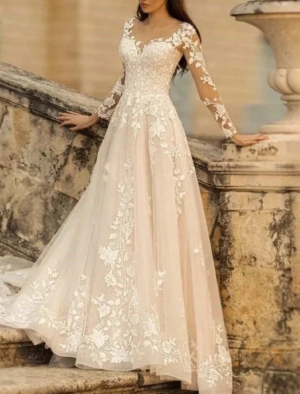 Women's Clothing Classic Elegance Sales Beach Formal Wedding Dresses A-Line V Neck Long Sleeve Sweep / Brush Train Lace Bridal Gowns With Flower Solid Color Women's Clothing Classic Elegance Sales Beach Formal Wedding Dresses A-Line V Neck Long Sleeve Sweep / Brush Train Lace Bridal Gowns With Flower Solid Color