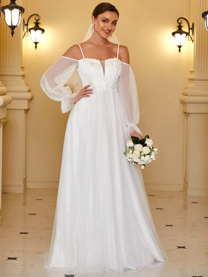 Women's Transitional Outfit Timeless Elegance Redefined Off Shoulder Sheer Applique Maxi Wedding Dress with Puff Sleeves Women's Transitional Outfit Timeless Elegance Redefined Off Shoulder Sheer Applique Maxi Wedding Dress with Puff Sleeves