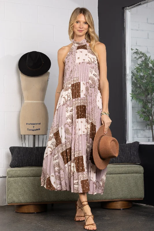 Women's Clothing For Holiday Travel Winter Warehouse Sale MOCHA PAISLEY PRINT HALTER NECK PLEATED MAXI DRESS-DY51129FA Women's Clothing For Holiday Travel Winter Warehouse Sale MOCHA PAISLEY PRINT HALTER NECK PLEATED MAXI DRESS-DY51129FA