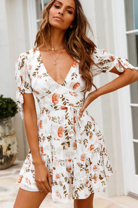 Fashionable Women's Outfit Season Sale Jocelyn Short Sleeve Tied Cuff Layered Ruffle Dress Floral Print White Fashionable Women's Outfit Season Sale Jocelyn Short Sleeve Tied Cuff Layered Ruffle Dress Floral Print White