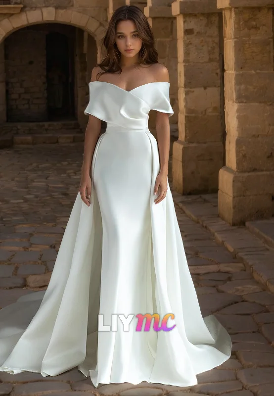 Women's Occasion Wear Clothing Casual Yet Chic Sales LW512 - Sheath Off Shoulder Draped Floor-Length Boho Wedding Dress with Overlay Women's Occasion Wear Clothing Casual Yet Chic Sales LW512 - Sheath Off Shoulder Draped Floor-Length Boho Wedding Dress with Overlay