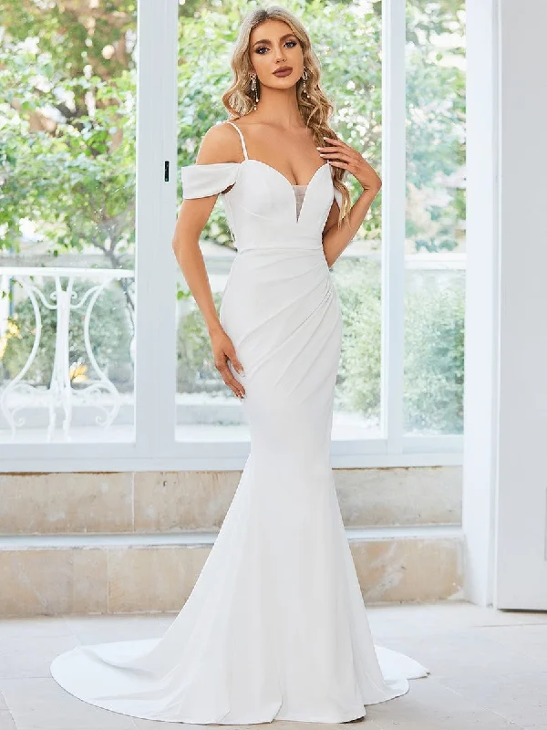 Women's Clothing For Everyday Wear Urban Elegance Deals Spaghetti Strap Mermaid Pleated Deep V-Neck Wedding Dress Women's Clothing For Everyday Wear Urban Elegance Deals Spaghetti Strap Mermaid Pleated Deep V-Neck Wedding Dress