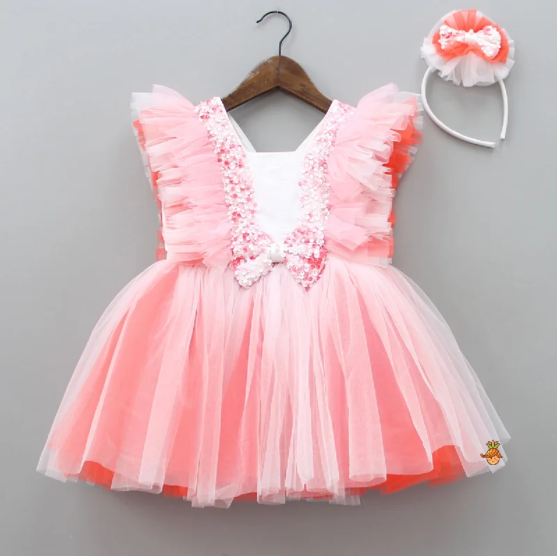 Women's Comfy Attire For Lounging Minimalist Fashion Sale Sequin Work And Net Ruffles Dress With Hair Band Women's Comfy Attire For Lounging Minimalist Fashion Sale Sequin Work And Net Ruffles Dress With Hair Band