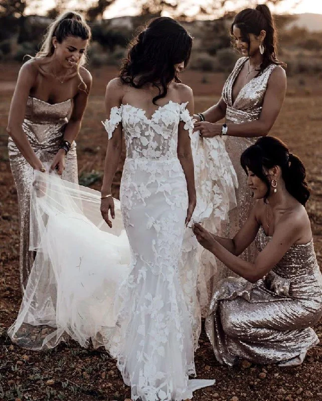 Women's Chic Outfit Mega Sales Mermaid Tulle Off The Shoulder Wedding Dresses With Applique Sweep Train Women's Chic Outfit Mega Sales Mermaid Tulle Off The Shoulder Wedding Dresses With Applique Sweep Train