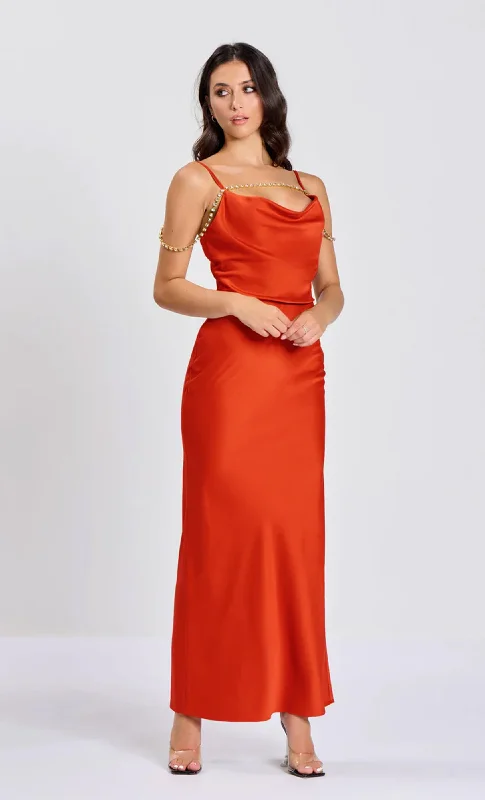Vintage-Inspired Women's Clothes Premium Fashion Burnt Orange Diamante Chain Slip Maxi Dress Vintage-Inspired Women's Clothes Premium Fashion Burnt Orange Diamante Chain Slip Maxi Dress