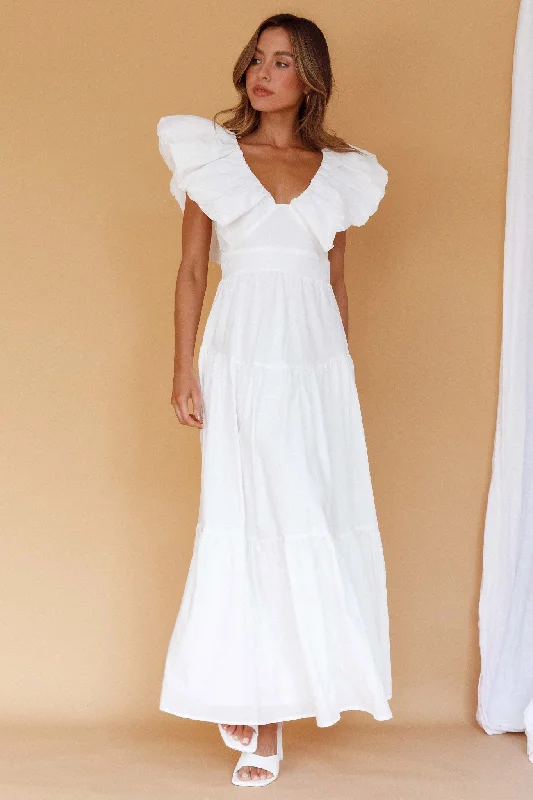 Stylish Women's Garments For Holidays Easy Elegance Sales Kahlo Puffed Ruffle Neckline Maxi Dress White Stylish Women's Garments For Holidays Easy Elegance Sales Kahlo Puffed Ruffle Neckline Maxi Dress White