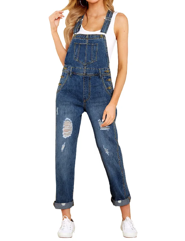 Women's Clothing And Garments Sets Urban Style Promotions Dark Blue Cuffed Hem Ripped Bib Denim Overall Jumpsuit Women's Clothing And Garments Sets Urban Style Promotions Dark Blue Cuffed Hem Ripped Bib Denim Overall Jumpsuit