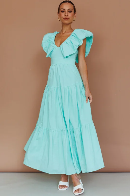 Women's Professional Attire Stylish Savings Kahlo Puffed Ruffle Neckline Maxi Dress Mint Women's Professional Attire Stylish Savings Kahlo Puffed Ruffle Neckline Maxi Dress Mint