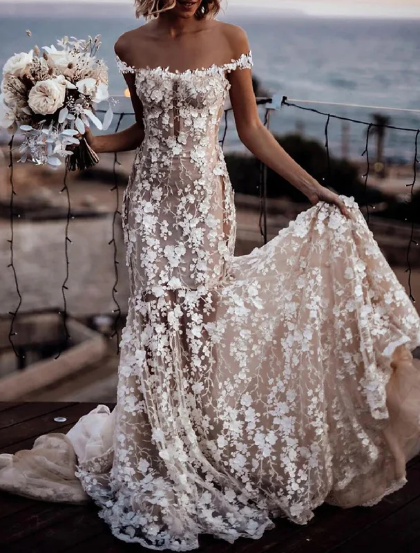 Luxury Women's Clothes Imeless Style Beach Boho Wedding Dresses Mermaid / Trumpet Off Shoulder Cap Sleeve Court Train Lace Bridal Gowns With Appliques Solid Color Luxury Women's Clothes Imeless Style Beach Boho Wedding Dresses Mermaid / Trumpet Off Shoulder Cap Sleeve Court Train Lace Bridal Gowns With Appliques Solid Color