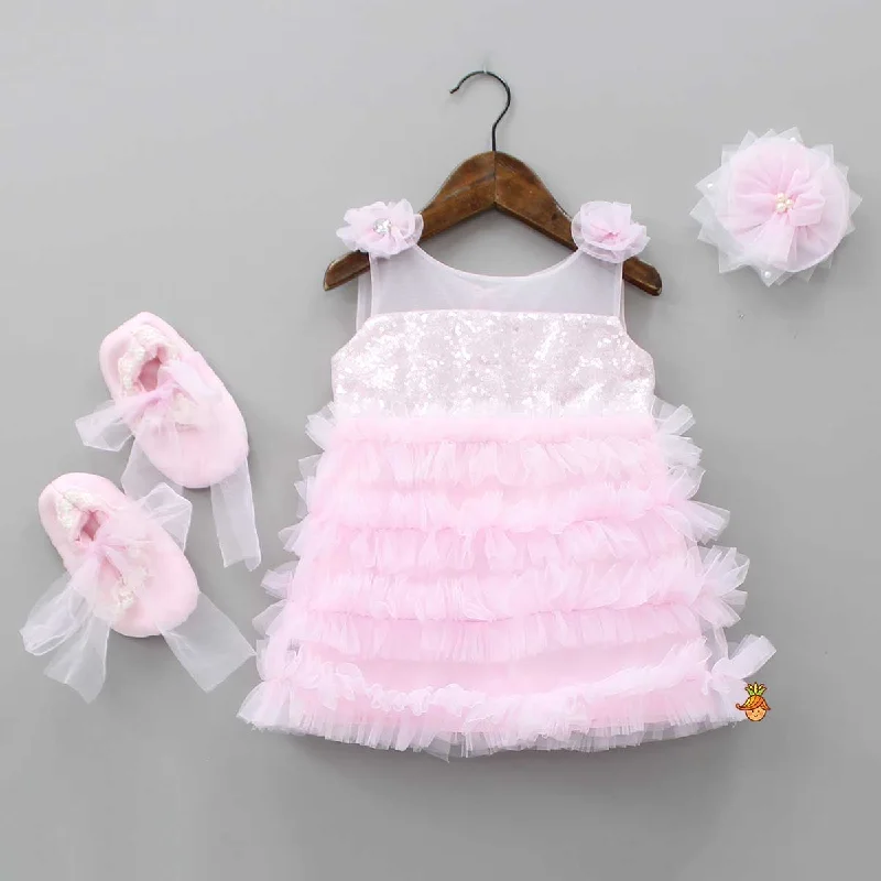 Women's Vintage-Inspired Outfit Seasonal Trends Pink Sequin And Net Ruffle Dress With Hair Clip And Booties Women's Vintage-Inspired Outfit Seasonal Trends Pink Sequin And Net Ruffle Dress With Hair Clip And Booties