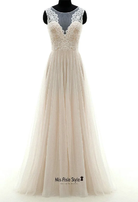 Plus-Size Women's Clothing On-Trend Fashion Offers Champagne Illusion Lace Cheap Wedding Dress Plus-Size Women's Clothing On-Trend Fashion Offers Champagne Illusion Lace Cheap Wedding Dress