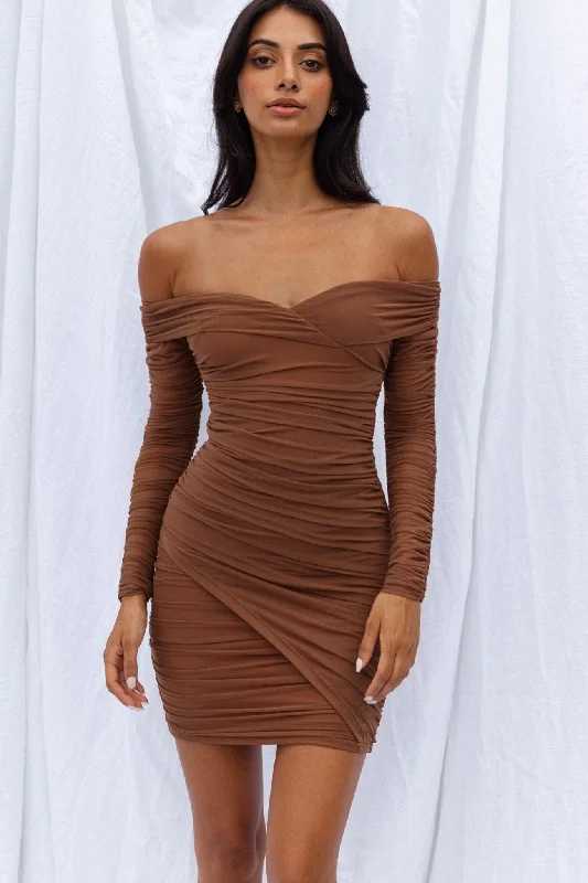 Women's Casual Clothing For Lounging Seasonal Sale Moonrise Off-Shoulder Crossover Neckline Long Sleeve Ruched Dress Chocolate Women's Casual Clothing For Lounging Seasonal Sale Moonrise Off-Shoulder Crossover Neckline Long Sleeve Ruched Dress Chocolate