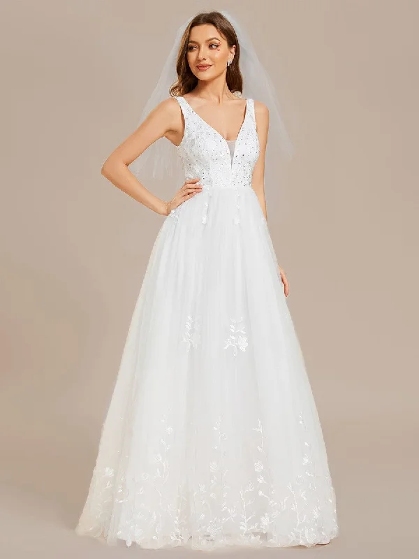 Women's Evening Garments Effortless Style, Endless Impact Sleeveless V-Neck A Line Embroidered Tulle Wedding Dress with Applique Women's Evening Garments Effortless Style, Endless Impact Sleeveless V-Neck A Line Embroidered Tulle Wedding Dress with Applique