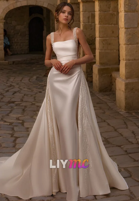 Women's Clothing For Travel Statement Fashion Offers LW712 - Square Sleeveless Beaded Sleek Satin Mermaid Sweep Train Wedding Dress Women's Clothing For Travel Statement Fashion Offers LW712 - Square Sleeveless Beaded Sleek Satin Mermaid Sweep Train Wedding Dress