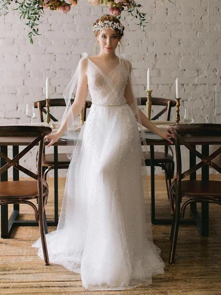 Women's Vintage-Inspired Clothing Special Offer For You V Neck Wedding Dresses A Line Tulle With Pearls Court Train Women's Vintage-Inspired Clothing Special Offer For You V Neck Wedding Dresses A Line Tulle With Pearls Court Train