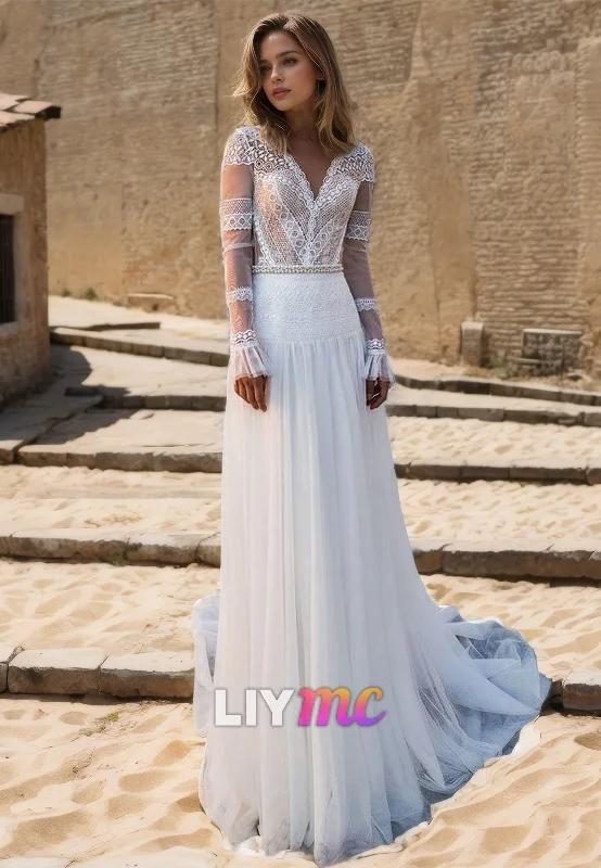 Women's Chic Outfit Crazy Discounts, Hurry Up V-Neck Long Sleeves Appliques Tulle A-Line Wedding Dress Women's Chic Outfit Crazy Discounts, Hurry Up V-Neck Long Sleeves Appliques Tulle A-Line Wedding Dress