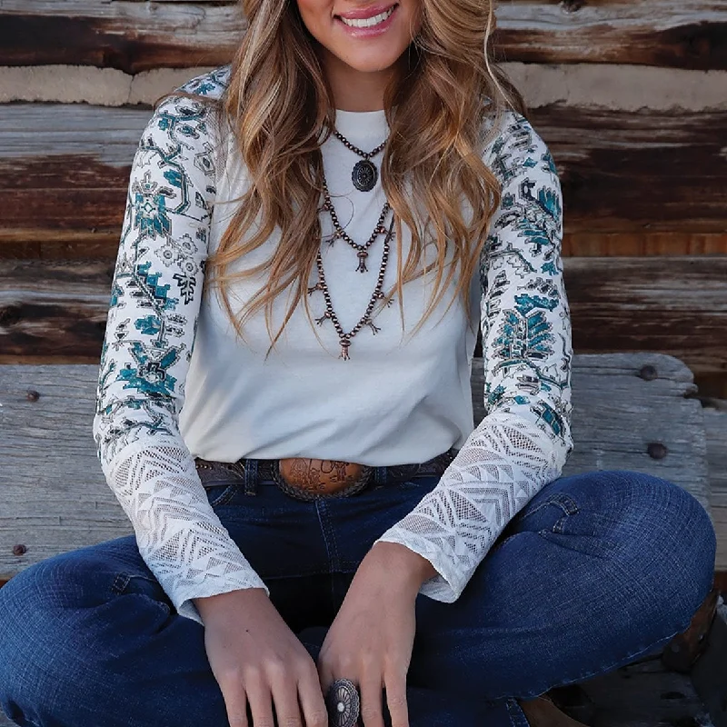Casual Yet Chic Sales Cruel Women's L/S Lace Accented Aztec Fashion Top in Cream