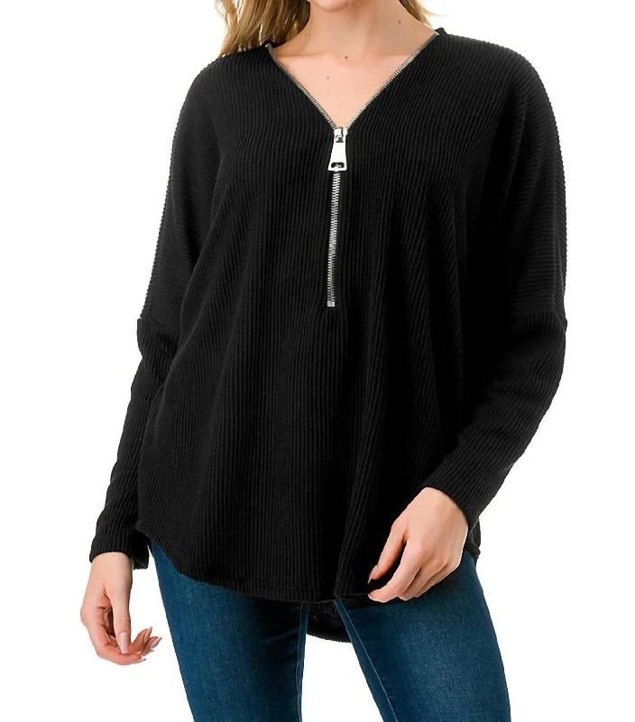 Catch Every Fashion Trend Ribbed Zipper Top In Black