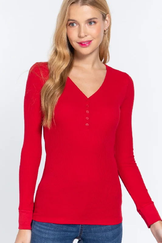 Trendy Fashion Sale Long Slv V-neck Placket Thermal Top