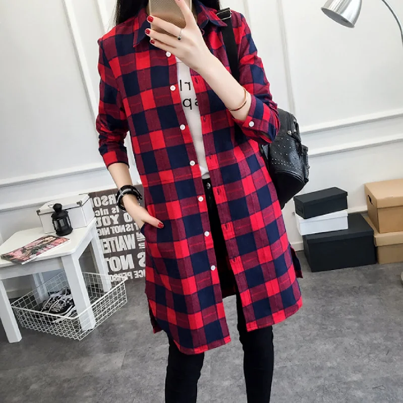 Fashion-Forward Offers Womens Mid Length Plaid Shirt With Pockets