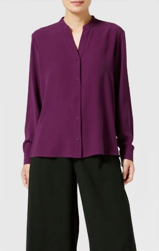 Chic Styles Mandarin Collar Silk Shirt In Sweet Plum