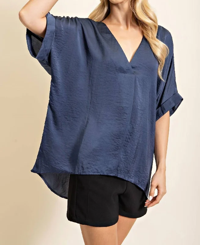 Daring Fashion Promotions V-Neck High-Low Top In New Navy