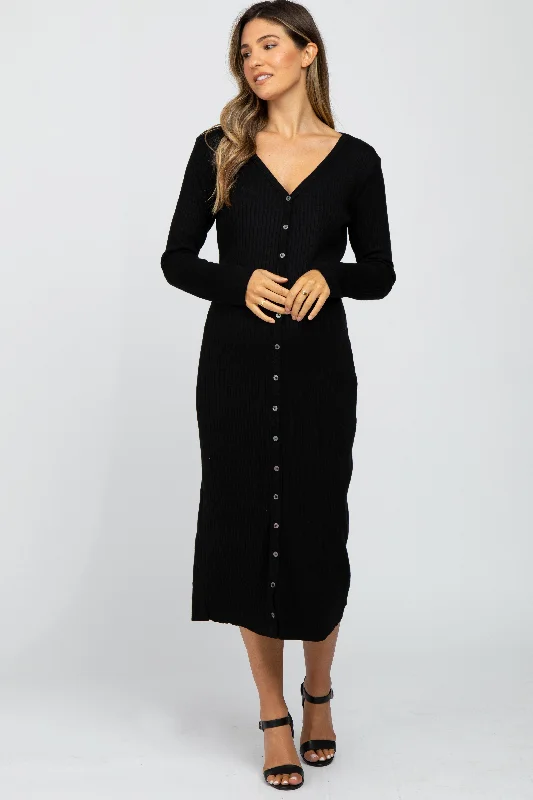 Women's Plus-Size Garments Polished Style Deals Black Ribbed Button Front Midi Cardigan Maternity Dress Women's Plus-Size Garments Polished Style Deals Black Ribbed Button Front Midi Cardigan Maternity Dress