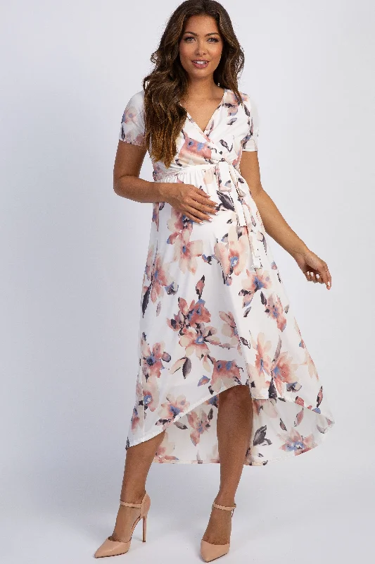 Stylish Women's Garments For Holidays Everyday Elegance Sale PinkBlush Ivory Watercolor Floral Hi-Low Maternity Wrap Dress Stylish Women's Garments For Holidays Everyday Elegance Sale PinkBlush Ivory Watercolor Floral Hi-Low Maternity Wrap Dress