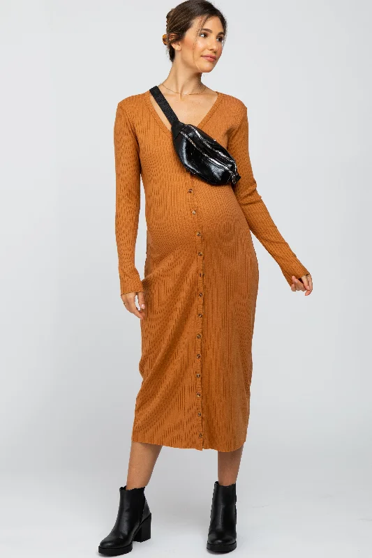Women's Cozy Winter Attire Bold Style Discounts Rust Ribbed Button Front Midi Cardigan Maternity Dress Women's Cozy Winter Attire Bold Style Discounts Rust Ribbed Button Front Midi Cardigan Maternity Dress