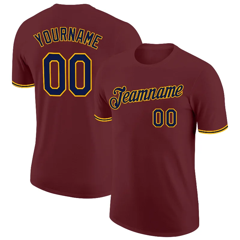 Casual Yet Sophisticated Unisex Fashion Romantic Fashion Discounts Custom Burgundy Navy-Gold Performance T-Shirt Casual Yet Sophisticated Unisex Fashion Romantic Fashion Discounts Custom Burgundy Navy-Gold Performance T-Shirt