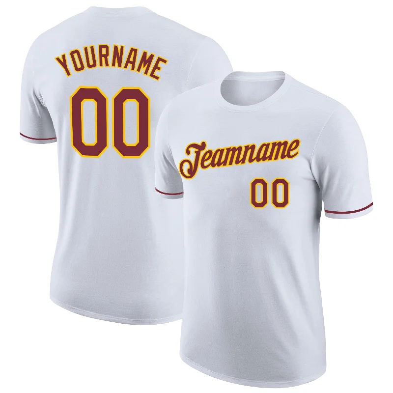 Elegant And Minimal Gender-Free Clothing Sleek Style Discounts Custom White Burgundy-Gold Performance T-Shirt Elegant And Minimal Gender-Free Clothing Sleek Style Discounts Custom White Burgundy-Gold Performance T-Shirt