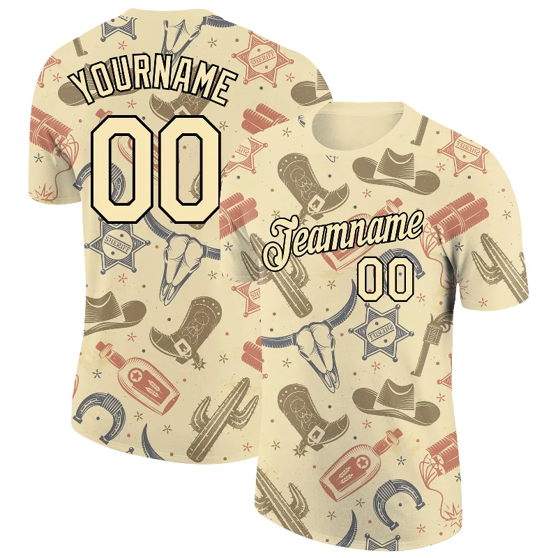Urban-Inspired Unisex Fashion Trends Evening Elegance Custom Cream Black 3D Pattern Design Cowboy Accessory Performance T-Shirt