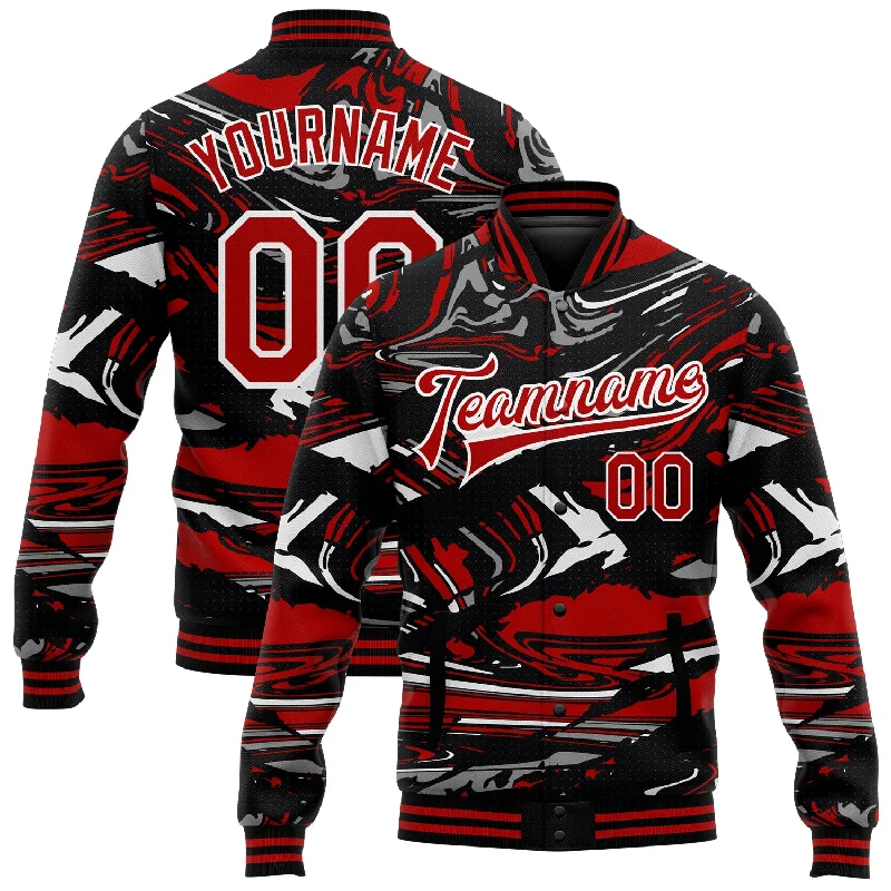 Functional And Stylish Unisex Outerwear Polished Style Deals Custom Figure Red-Black 3D Pattern Design Bomber Full-Snap Varsity Letterman Jacket Functional And Stylish Unisex Outerwear Polished Style Deals Custom Figure Red-Black 3D Pattern Design Bomber Full-Snap Varsity Letterman Jacket