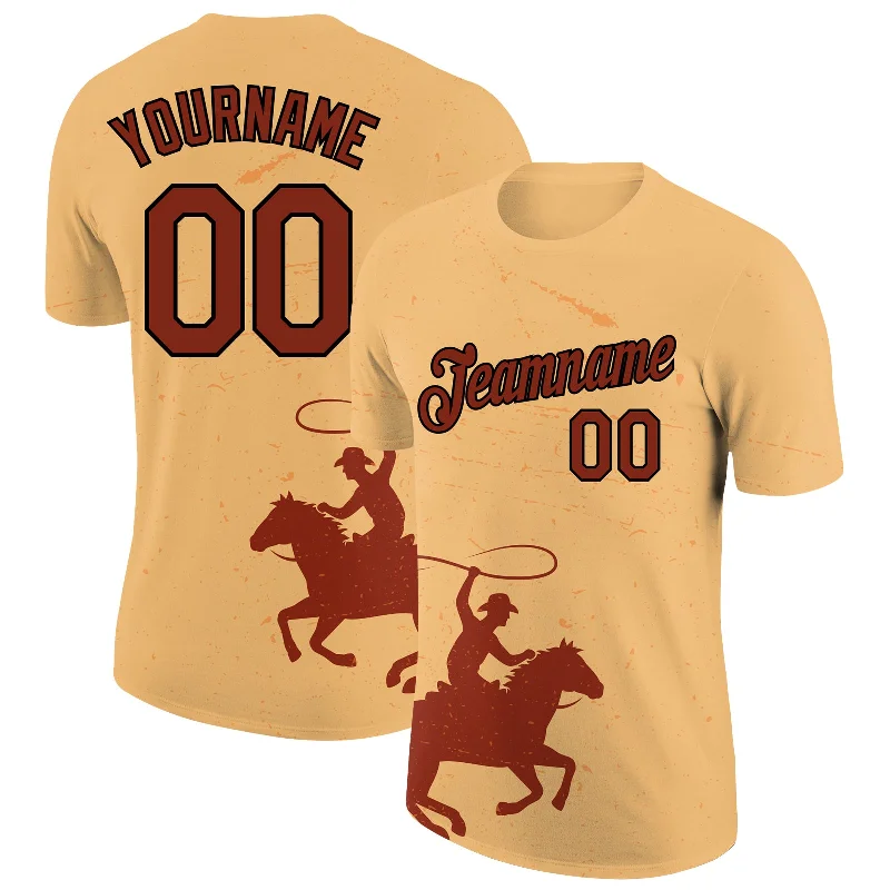 Elegant And Minimal Gender-Free Clothing Hot Trends Custom Gold Crimson-Black 3D Pattern Design Cowboy Rodeo Performance T-Shirt Elegant And Minimal Gender-Free Clothing Hot Trends Custom Gold Crimson-Black 3D Pattern Design Cowboy Rodeo Performance T-Shirt
