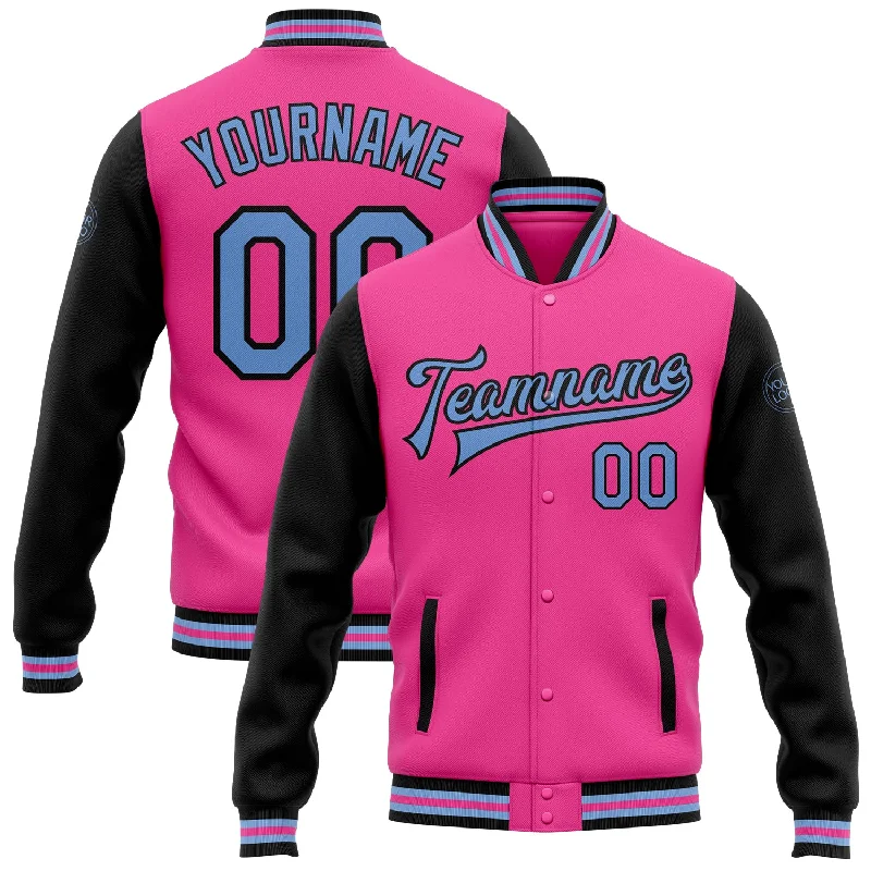 Lightweight And Breathable Unisex Wear Flash Sale Custom Pink Light Blue-Black Bomber Full-Snap Varsity Letterman Two Tone Jacket Lightweight And Breathable Unisex Wear Flash Sale Custom Pink Light Blue-Black Bomber Full-Snap Varsity Letterman Two Tone Jacket