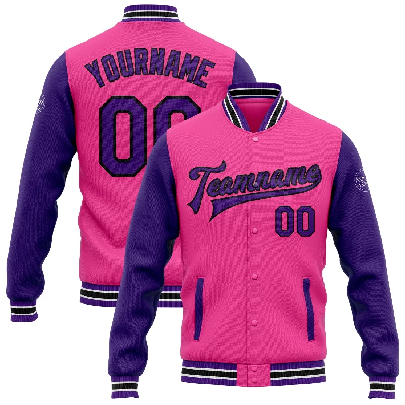 Unisex Everyday Fashion Essentials Fashionable Comfort Promotions Custom Pink Purple-Black Bomber Full-Snap Varsity Letterman Two Tone Jacket Unisex Everyday Fashion Essentials Fashionable Comfort Promotions Custom Pink Purple-Black Bomber Full-Snap Varsity Letterman Two Tone Jacket