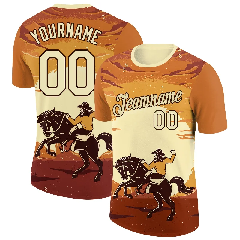 Versatile Clothing For All Genders Classic Elegance Sales Custom Orange City Cream-Brown 3D Pattern Design Cowboy Rodeo Performance T-Shirt Versatile Clothing For All Genders Classic Elegance Sales Custom Orange City Cream-Brown 3D Pattern Design Cowboy Rodeo Performance T-Shirt