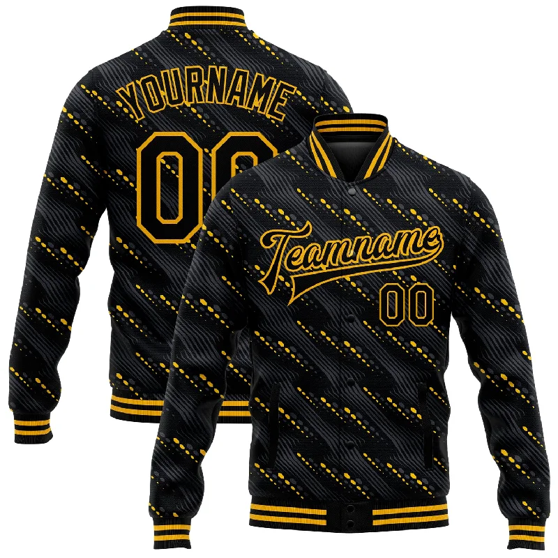 Contemporary Gender-Free Clothing Styles Timeless Elegance Sale Custom Black Gold 3D Pattern Design Bomber Full-Snap Varsity Letterman Jacket Contemporary Gender-Free Clothing Styles Timeless Elegance Sale Custom Black Gold 3D Pattern Design Bomber Full-Snap Varsity Letterman Jacket