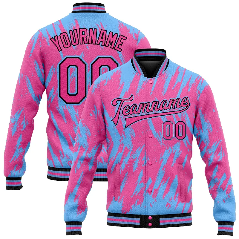Versatile Clothing For All Genders Bold Fashion Sales Custom Pink Light Blue-Black 3D Pattern Design Bomber Full-Snap Varsity Letterman Jacket Versatile Clothing For All Genders Bold Fashion Sales Custom Pink Light Blue-Black 3D Pattern Design Bomber Full-Snap Varsity Letterman Jacket