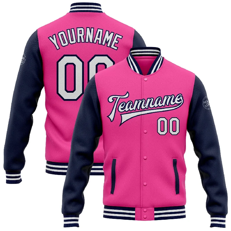 Versatile And Stylish Unisex Apparel The Good Stuff Custom Pink White-Navy Bomber Full-Snap Varsity Letterman Two Tone Jacket Versatile And Stylish Unisex Apparel The Good Stuff Custom Pink White-Navy Bomber Full-Snap Varsity Letterman Two Tone Jacket