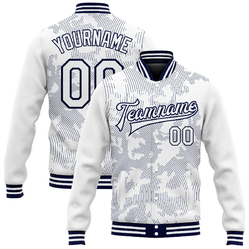 Sustainable And Ethical Unisex Clothing Street Chic Discounts Custom White Navy 3D Pattern Design Bomber Full-Snap Varsity Letterman Jacket Sustainable And Ethical Unisex Clothing Street Chic Discounts Custom White Navy 3D Pattern Design Bomber Full-Snap Varsity Letterman Jacket