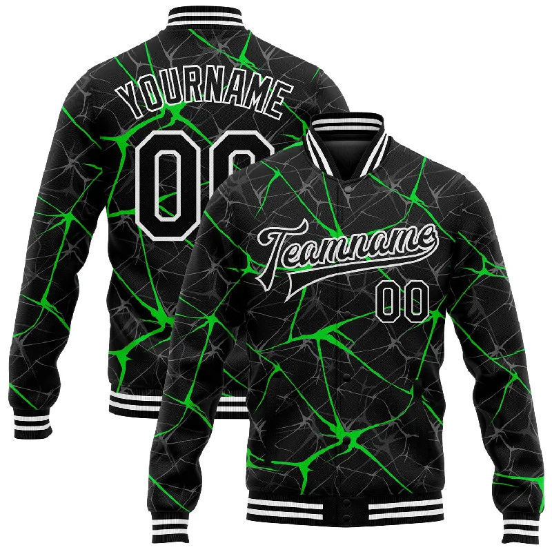 Trendy Unisex Streetwear Fashion Refined Fashion Sale Custom Black Neon Green 3D Pattern Design Bomber Full-Snap Varsity Letterman Jacket Trendy Unisex Streetwear Fashion Refined Fashion Sale Custom Black Neon Green 3D Pattern Design Bomber Full-Snap Varsity Letterman Jacket