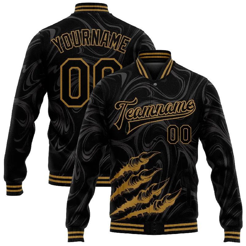 High-Quality Unisex Fashion Basics Premium Style Offers Custom Black Old Gold Beast Claws 3D Pattern Design Bomber Full-Snap Varsity Letterman Jacket High-Quality Unisex Fashion Basics Premium Style Offers Custom Black Old Gold Beast Claws 3D Pattern Design Bomber Full-Snap Varsity Letterman Jacket