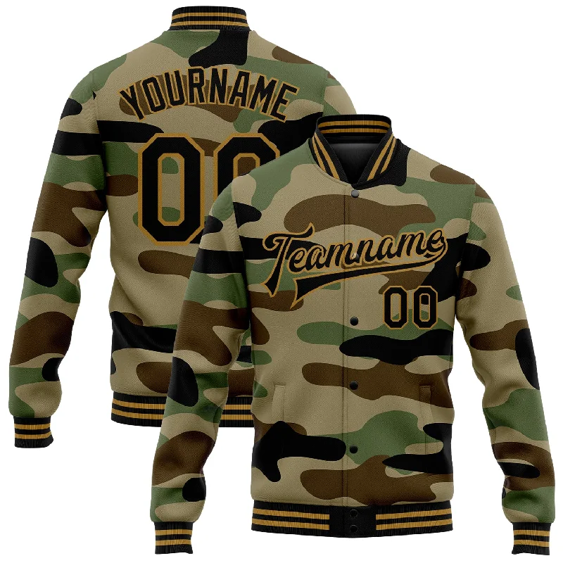 Everyday Wear For Men And Women Elevated Casual Discounts Custom Camo Black-Old Gold Jungle Camouflage 3D Bomber Full-Snap Varsity Letterman Salute To Service Jacket Everyday Wear For Men And Women Elevated Casual Discounts Custom Camo Black-Old Gold Jungle Camouflage 3D Bomber Full-Snap Varsity Letterman Salute To Service Jacket
