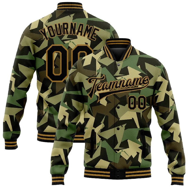 Chic And Contemporary Unisex Clothing Choices Trendy Looks On Sale Custom Camo Black-Old Gold Geometric Camouflage 3D Bomber Full-Snap Varsity Letterman Salute To Service Jacket Chic And Contemporary Unisex Clothing Choices Trendy Looks On Sale Custom Camo Black-Old Gold Geometric Camouflage 3D Bomber Full-Snap Varsity Letterman Salute To Service Jacket