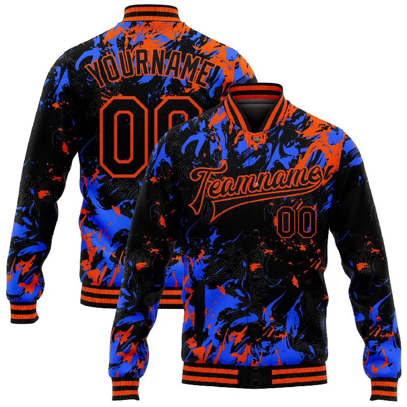 Unisex Casual Wear For All Seasons Sophisticated Street Style Offers Custom Black Orange-Royal 3D Pattern Design Bomber Full-Snap Varsity Letterman Jacket Unisex Casual Wear For All Seasons Sophisticated Street Style Offers Custom Black Orange-Royal 3D Pattern Design Bomber Full-Snap Varsity Letterman Jacket