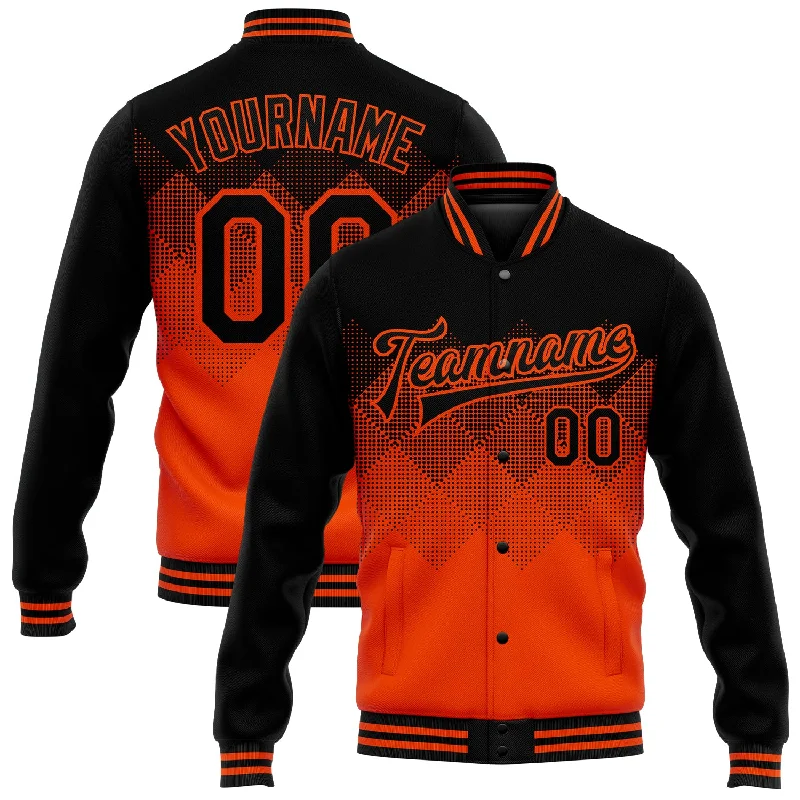 Minimalist Unisex Fashion Must-Haves Playful Fashion Offers Custom Orange Black 3D Pattern Design Bomber Full-Snap Varsity Letterman Jacket Minimalist Unisex Fashion Must-Haves Playful Fashion Offers Custom Orange Black 3D Pattern Design Bomber Full-Snap Varsity Letterman Jacket