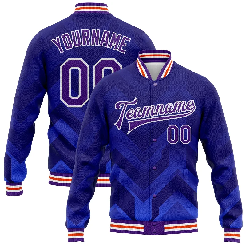 Versatile Gender-Free Wardrobe Essentials Urban Elegance Deals Custom Royal Purple-Orange 3D Pattern Design Bomber Full-Snap Varsity Letterman Jacket Versatile Gender-Free Wardrobe Essentials Urban Elegance Deals Custom Royal Purple-Orange 3D Pattern Design Bomber Full-Snap Varsity Letterman Jacket