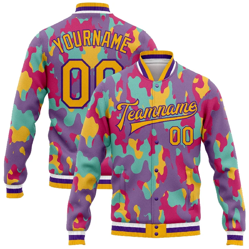 Comfortable Gender-Free Fashion Choices Fashion Sale Custom Camo Gold-Purple Fluorescent Camouflage 3D Bomber Full-Snap Varsity Letterman Salute To Service Jacket Comfortable Gender-Free Fashion Choices Fashion Sale Custom Camo Gold-Purple Fluorescent Camouflage 3D Bomber Full-Snap Varsity Letterman Salute To Service Jacket