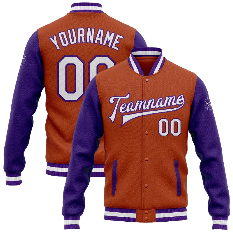 Casual Yet Sophisticated Unisex Fashion Shop Sales Custom Texas Orange White-Purple Bomber Full-Snap Varsity Letterman Two Tone Jacket Casual Yet Sophisticated Unisex Fashion Shop Sales Custom Texas Orange White-Purple Bomber Full-Snap Varsity Letterman Two Tone Jacket